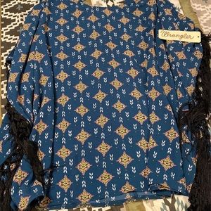 Wrangler Aztec Top w/ Fringe Sleeves
